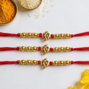 Golden Ganesha Beaded Rakhi — Pack of 3